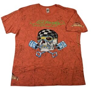 Ed Hardy Mens XXL Orange Crystal Biker Skull All Over Print T-Shirt USA Made